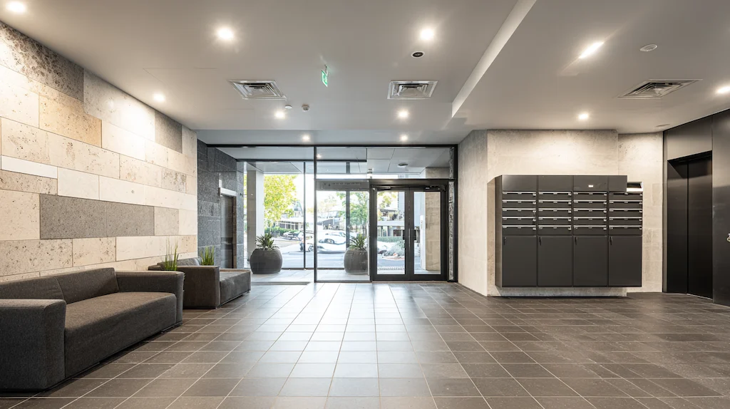 Spotless clean modern Australian apartment building lobby with polished tiled floors, lift doors, seating area and letterboxes