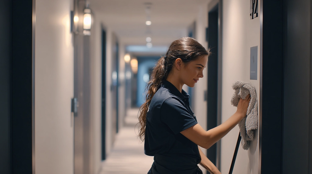 Professional cleaner in navy uniform wiping a handrail in a clean modern Australian apartment building corridor with numbered doors visible in background
